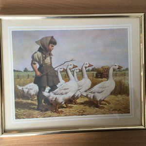 Framed art print farm girl with geese by Art Sarnoff